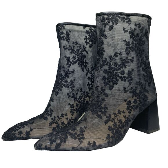 Ameri Vintage Sheer Embroidery Mesh Boots Black Floral Block Heel Size M US 7 - Picture 1 of 13